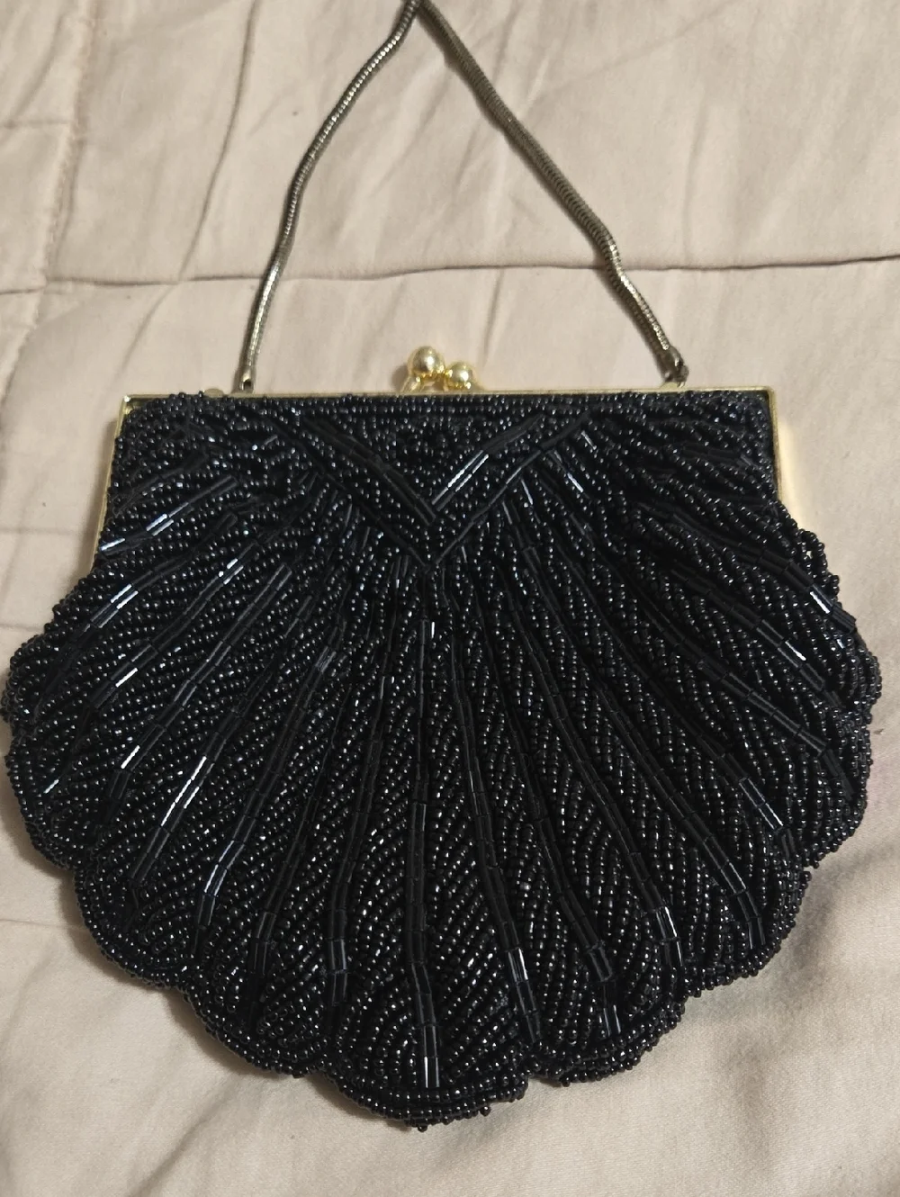 Black Beaded Shell Evening Bag - Women's Shoulder Clutch